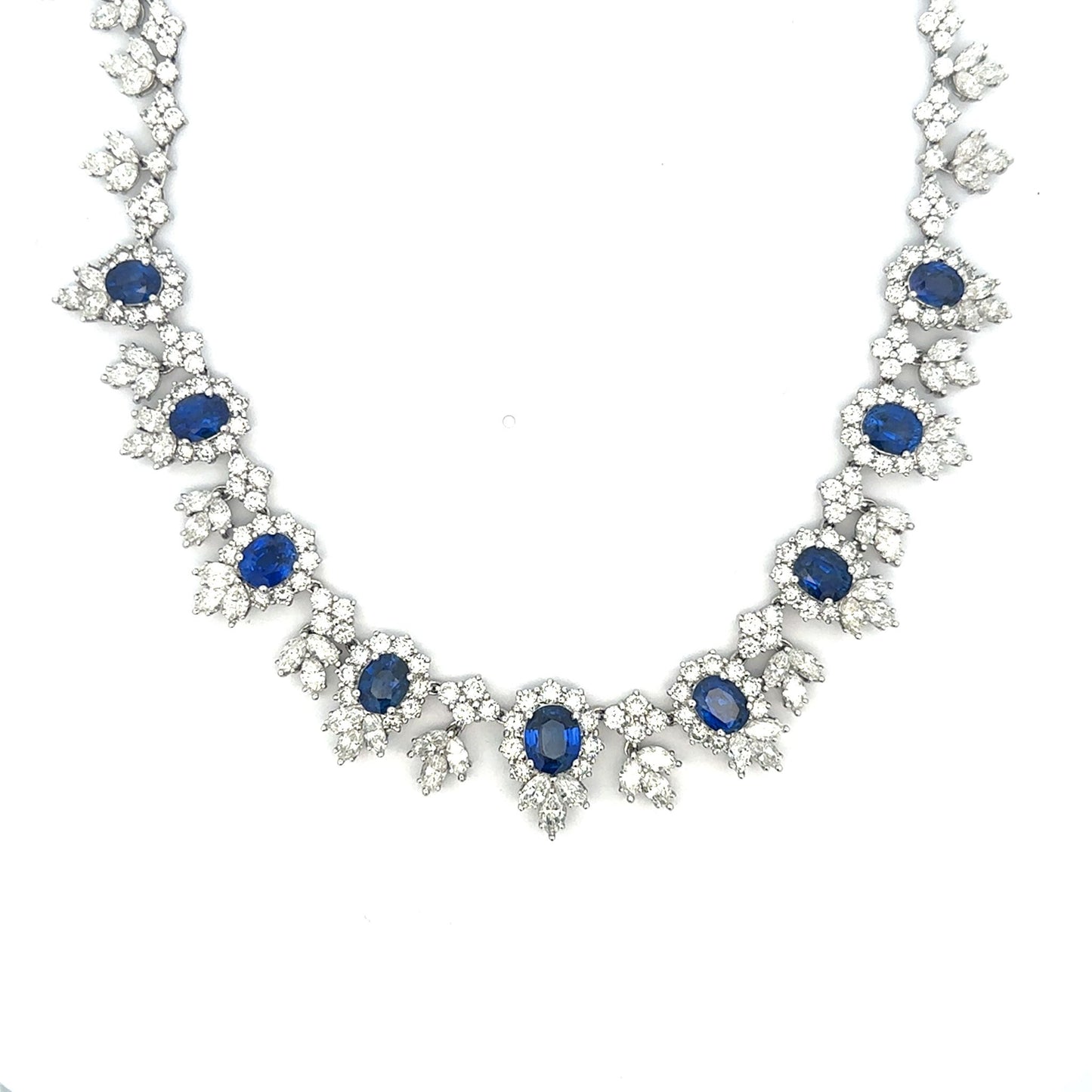 18K White Gold Oval Blue Sapphires with Marquise & Round Cut Diamond Necklace